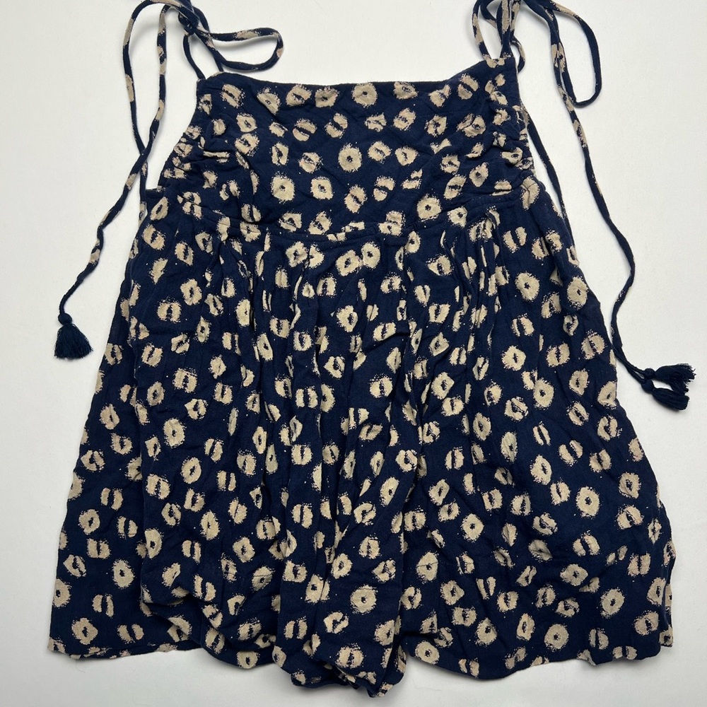 Free People Navy Ikat Print Tie-Shoulder Tassel Tank — Size Small